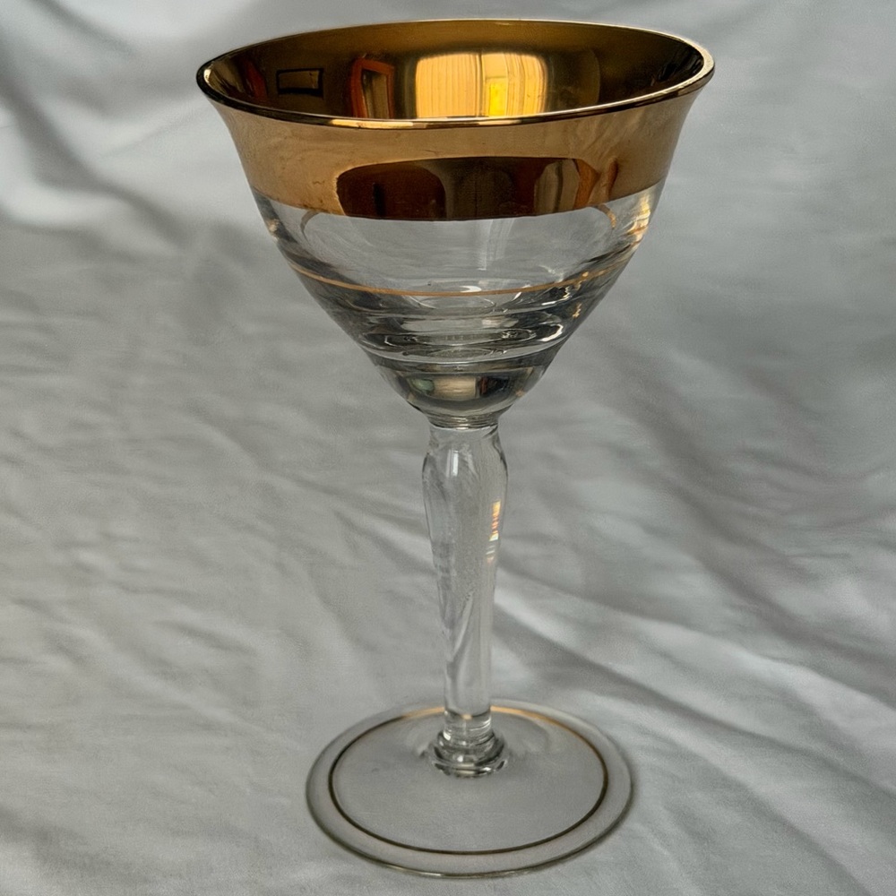 Vintage Dorothy Thorpe Clear Glass & Gold Band Retro Champagne Coupe Wine Glass
